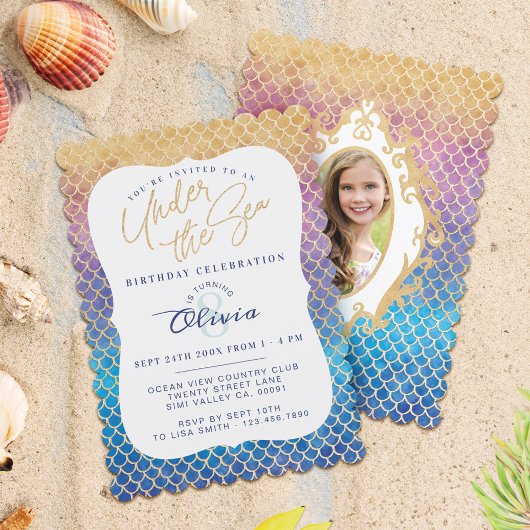 Rainbow Mermaid Scales Foto Birthday Invitation Kaart