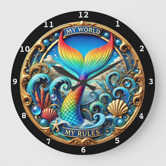 Rainbow Mermaid Tail Ocean Timepiece Grote Klok (Voorkant)