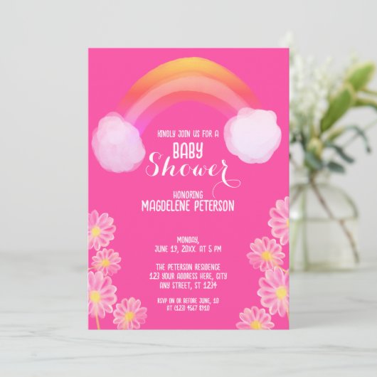 Rainbow met waterkleurbloemen | Roze Baby shower Kaart (Staand voorkant)