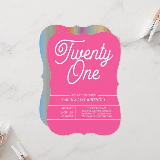 Rainbow Modern 21st Birthday Party Invitation Kaart (Voorkant / Achterkant in situ)