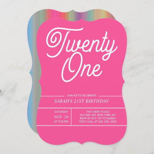 Rainbow Modern 21st Birthday Party Invitation Kaart (Voorkant / Achterkant)