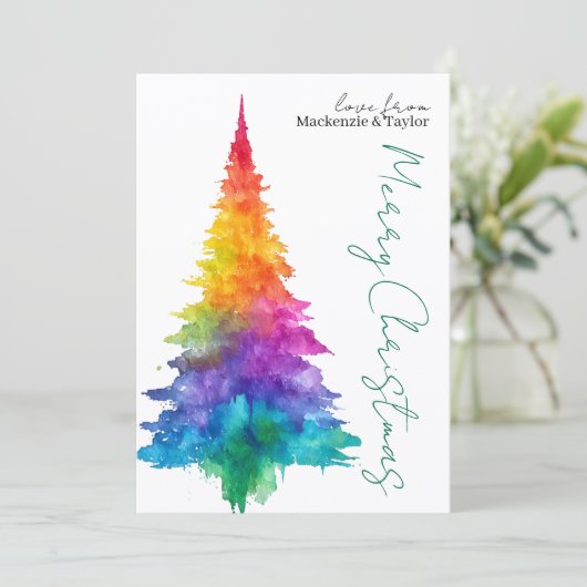 Rainbow Modern Christmas Tree Photo Personalized Feestdagenkaart (Staand voorkant)