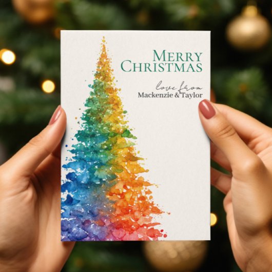 Rainbow Modern Christmas Tree Photo Personalized Feestdagenkaart