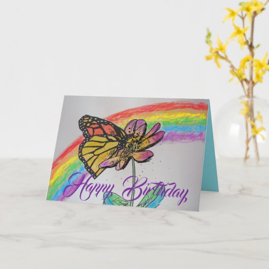 Rainbow Monarch Butterfly Painting Verjaardag Kaar Kaart (Gele Bloem)