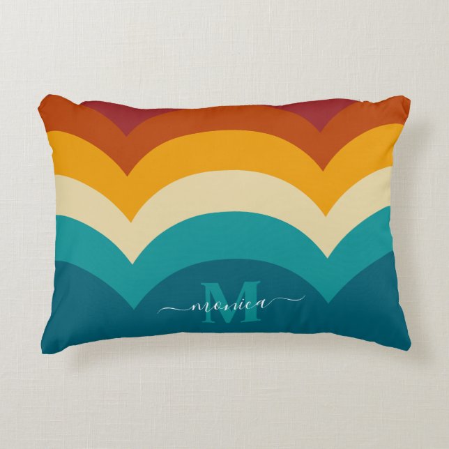Rainbow Monogram Aangepaste naam Retro Sunset Stri Accent Kussen (Voorkant)
