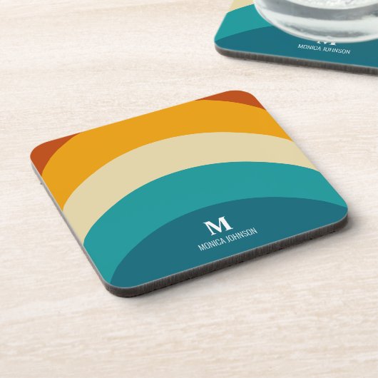 Rainbow Monogram Aangepaste naam Retro Sunset Stri Bier Onderzetter (Linkerzijde)