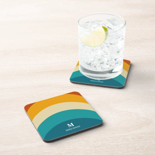 Rainbow Monogram Aangepaste naam Retro Sunset Stri Bier Onderzetter (Rechterzijde)