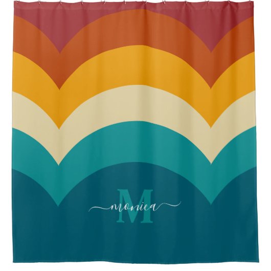 Rainbow Monogram Aangepaste naam Retro Sunset Stri Douchegordijn (Voorkant)