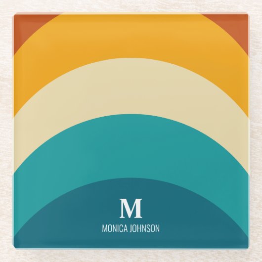 Rainbow Monogram Aangepaste naam Retro Sunset Stri Glazen Onderzetter (Voorkant)