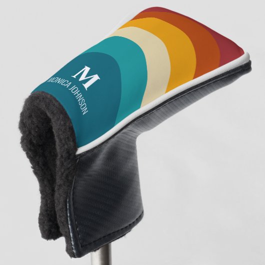 Rainbow Monogram Aangepaste naam Retro Sunset Stri Golfheadcover (3/4 voorkant)