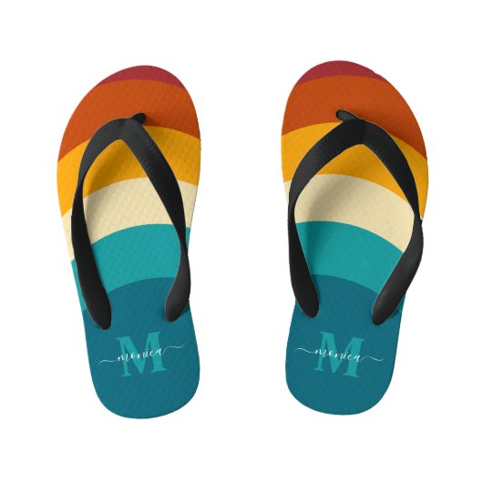 Rainbow Monogram Aangepaste naam Retro Sunset Stri Kinder Teenslippers (Voetbed)
