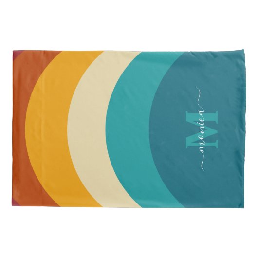Rainbow Monogram Aangepaste naam Retro Sunset Stri Kussensloop (Achterkant)
