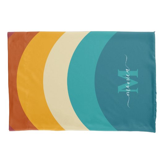 Rainbow Monogram Aangepaste naam Retro Sunset Stri Kussensloop (Voorkant)