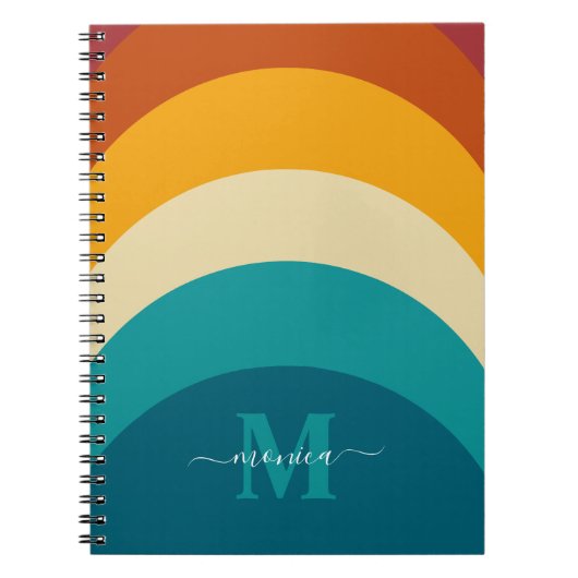 Rainbow Monogram Aangepaste naam Retro Sunset Stri Notitieboek (Voorkant)