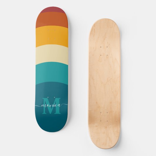 Rainbow Monogram Aangepaste naam Retro Sunset Stri Persoonlijk Skateboard (Voorkant)