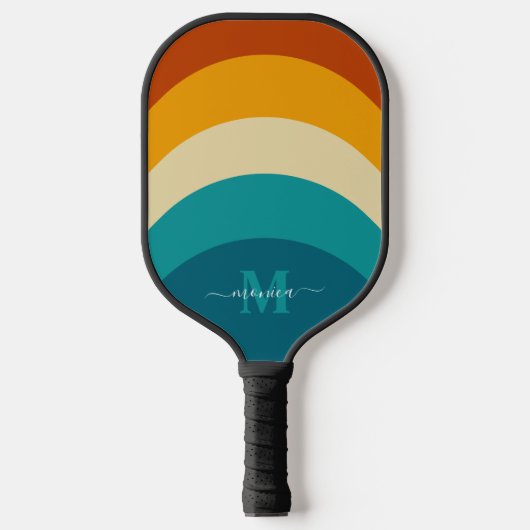 Rainbow Monogram Aangepaste naam Retro Sunset Stri Pickleball Paddle (Voorkant)