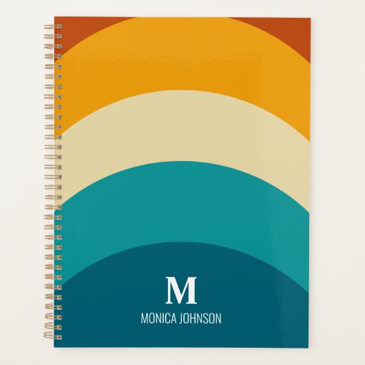 Rainbow Monogram Aangepaste naam Retro Sunset Stri Planner (Voorkant)
