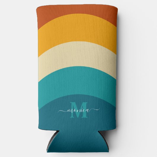 Rainbow Monogram Aangepaste naam Retro Sunset Stri Seltzer Blikjeskoeler (Voorkant)