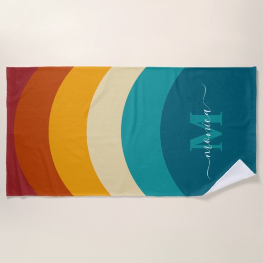 Rainbow Monogram Aangepaste naam Retro Sunset Stri Strandlaken (Voorkant)