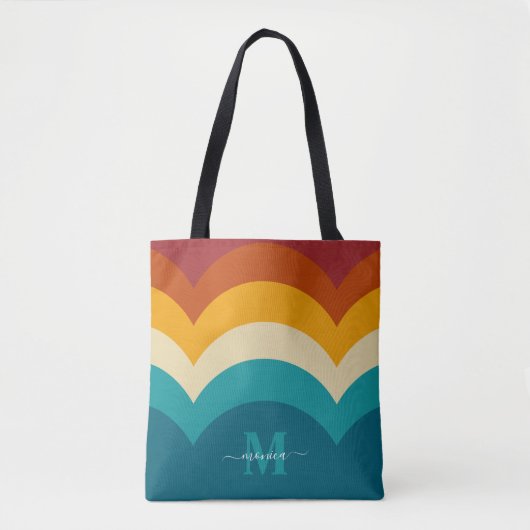 Rainbow Monogram Aangepaste naam Retro Sunset Stri Tote Bag (Voorkant)