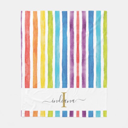 Rainbow Monogram Script Name Waterverf Stripes Fleece Deken (Voorkant)