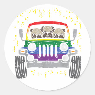 Rainbow Monster Truck Pug Dog Gay Pride LGBT Anima Ronde Sticker