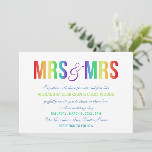 Rainbow Mrs & Mrs. | Lesbische bruiloft Kaart (Staand voorkant)