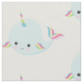Rainbow Narwhal Kawaii Pattern in Pastel Blue Stof (Close Up)