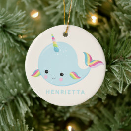 Rainbow Narwhal Kawaii Pattern Pastel Blue Name Keramisch Ornament