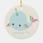 Rainbow Narwhal Kawaii Pattern Pastel Blue Name Keramisch Ornament (Achterkant)