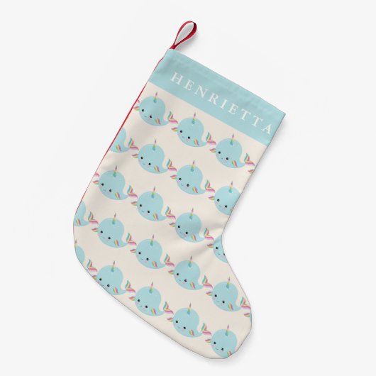 Rainbow Narwhal Kawaii Pattern Pastel Blue Name Kleine Kerstsok (Voorkant (Hangend))