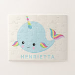 Rainbow Narwhal Kawaii Pattern Pastel Blue Name Legpuzzel<br><div class="desc">Deze leuke aangepaste puzzel heeft een schattig kawaï-regenboogverhalenpatroon in pastelblauw en roze. Pas het aan met jouw naam. Geweldig cadeauidee.</div>