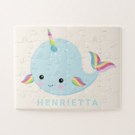 Rainbow Narwhal Kawaii Pattern Pastel Blue Name Legpuzzel