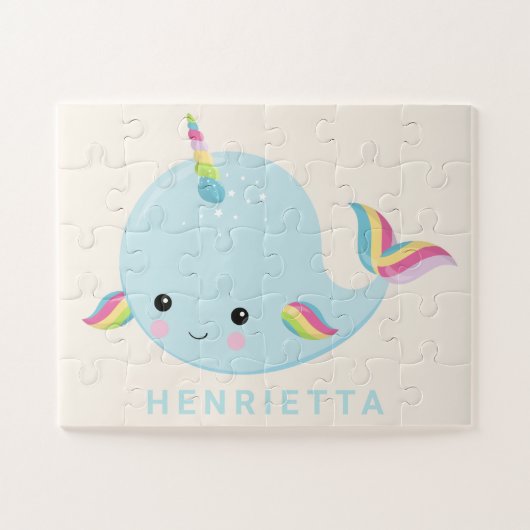 Rainbow Narwhal Kawaii Pattern Pastel Blue Name Legpuzzel (Horizontaal)