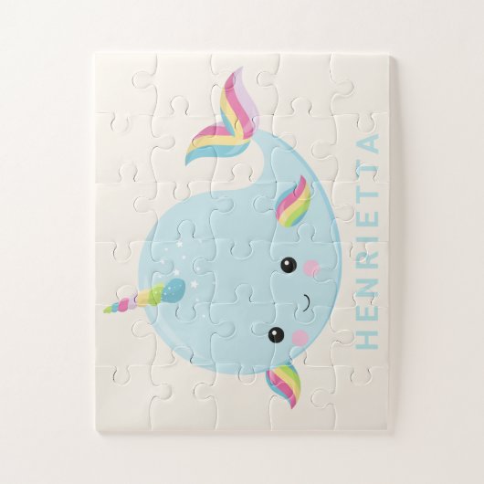 Rainbow Narwhal Kawaii Pattern Pastel Blue Name Legpuzzel (Verticaal)