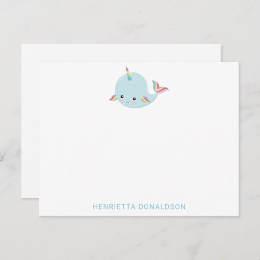 Rainbow Narwhal Kawaii Pattern Pastel Blue Name Notitiekaartje (Voorkant / Achterkant)