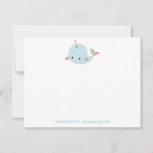 Rainbow Narwhal Kawaii Pattern Pastel Blue Name Notitiekaartje