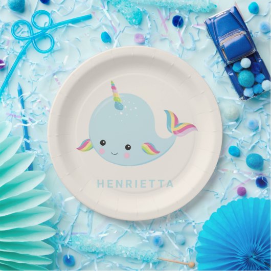 Rainbow Narwhal Kawaii Pattern Pastel Blue Name Papieren Bordje (Feest)