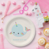 Rainbow Narwhal Kawaii Pattern Pastel Blue Name Papieren Bordje (Feest)