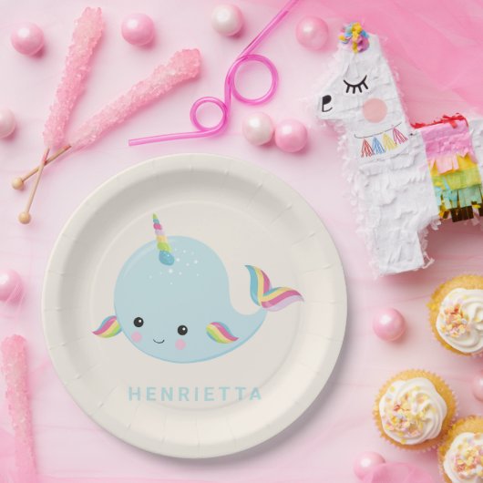 Rainbow Narwhal Kawaii Pattern Pastel Blue Name Papieren Bordje (Feest)