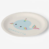 Rainbow Narwhal Kawaii Pattern Pastel Blue Name Papieren Bordje (Gekanteld)