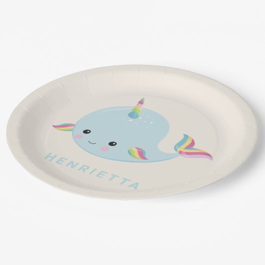 Rainbow Narwhal Kawaii Pattern Pastel Blue Name Papieren Bordje (Gekanteld)