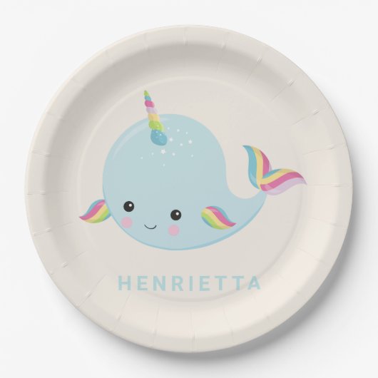 Rainbow Narwhal Kawaii Pattern Pastel Blue Name Papieren Bordje (Voorkant)