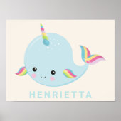 Rainbow Narwhal Kawaii Pattern Pastel Blue Name Poster (Voorkant)