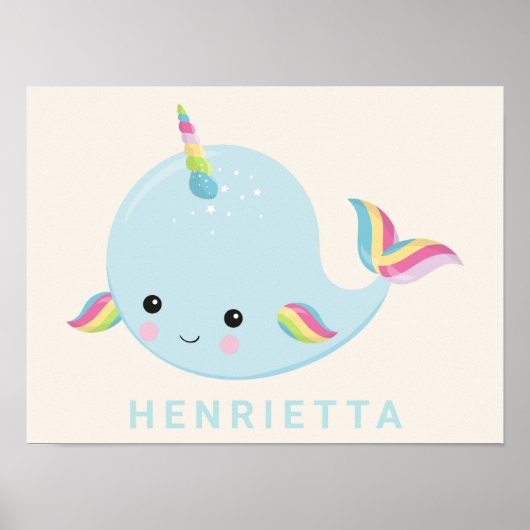 Rainbow Narwhal Kawaii Pattern Pastel Blue Name Poster (Voorkant)