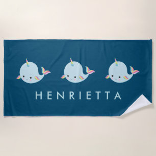 Rainbow Narwhal Kawaii Pattern Pastel Blue Name Strandlaken