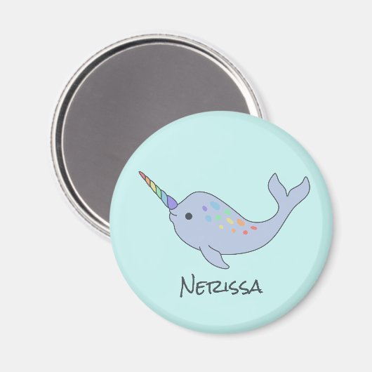 Rainbow Narwhal Name Round Magnet (Voorkant / Achterkant)