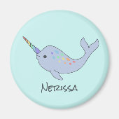 Rainbow Narwhal Name Round Magnet (Voorkant)
