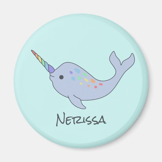 Rainbow Narwhal Name Round Magnet (Voorkant)