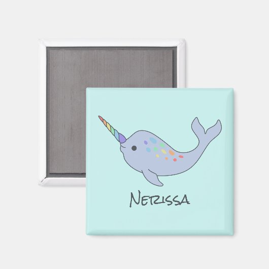 Rainbow Narwhal Name Square Magnet (Voorkant / Achterkant)